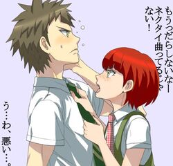  1boy brown_hair collared_shirt danganronpa_(series) danganronpa_2:_goodbye_despair dosugon dress female freckles from_side green_dress green_necktie grey_background hinata_hajime koizumi_mahiru necktie open_mouth plaid_necktie red_hair shirt short_hair short_sleeves simple_background spiked_hair teeth tongue translation_request upper_teeth_only white_shirt 