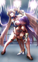  2girls abdominal_stretch abs absurdres aoba_(smartbeat) bare_shoulders bikini blonde_hair blue_eyes blue_gloves boots bradamante_(fate) bradamante_(first_ascension)_(fate) braid breasts cleavage clenched_teeth collarbone crown_braid elbow_gloves fate/grand_order fate_(series) gauntlets gloves highleg highres knee_boots large_breasts leotard long_hair martha_(fate) martha_(swimsuit_ruler)_(fate) martha_(swimsuit_ruler)_(third_ascension)_(fate) multiple_girls navel one_eye_closed purple_hair red_gloves sweat swimsuit teeth thigh_strap thighs twintails two-tone_gloves very_long_hair white_bikini white_footwear white_gloves wrestling wrestling_ring 