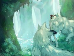  animal breasts brown_hair chikitamako facepaint female forest fur highres mask mononoke_hime moro_no_ichizoku nature san_(mononoke_hime) short_hair water wolf 