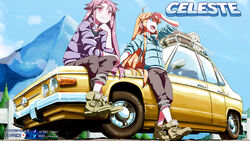  2girls ahoge arm_up artist_name badeline black_pants blue_sky blush boots brown_footwear brown_hair car celeste_(video_game) coat colored_sclera copyright_name dark_persona dated day del-chan dual_persona highres long_hair looking_away madeline_(celeste) motor_vehicle mountain multiple_girls open_mouth outdoors pants purple_hair red_eyes red_sclera sitting sitting_on_car sky smile standing twitter_username vehicle_focus very_long_hair 