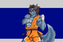  3:2 abs anthro athletic_wear black_sclera blue_body blue_dingolf blue_fur bottomwear brown_hair bulge canid canine canis claws clothing dingo etsuya_lynagh fighting_gloves fighting_pose fur gym_bottomwear gym_shorts hair hi_res karate_belt male mammal martial_arts_uniform muscular orange_clothing orange_eyes pose shorts showing_teeth solo sportswear spread_legs spreading tight_bottomwear tight_clothing tight_shorts wolf 