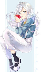  1boy absurdres blue_eyes blue_shirt closed_mouth flower full_body highres holding holding_flower iwakiyamayukisatoshironanogojuurokushi_akira kemono_jihen long_hair long_sleeves male_focus nyazuta otoko_no_ko pants red_flower shirt simple_background smile socks solo suspenders white_footwear white_hair white_pants 