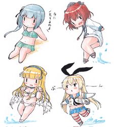  4girls bikini bikini_skirt black_hairband black_panties blonde_hair blue_sailor_collar blue_skirt blush_stickers brown_hair cargo_net chibi commentary_request corrupted_twitter_file crop_top elbow_gloves fletcher_(kancolle) gloves green_bikini green_skirt grey_hair hairband headgear highleg highleg_panties highres jacket kantai_collection kasumi_(kancolle) kasumi_kai_ni_(swimsuit_mode)_(kancolle) long_hair microskirt miniskirt multiple_girls net outstretched_arms panties pleated_skirt poipoi_purin sailor_collar shimakaze_(kancolle) short_hair side_ponytail simple_background sitting skirt striped_clothes striped_thighhighs swimsuit thighhighs traditional_media triangle_mouth underwear white_background white_bikini white_gloves white_jacket yukikaze_(kancolle) yukikaze_(swimsuit_mode)_(kancolle) |_| 