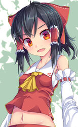  :d black_hair bow bra breasts collarbone collared_shirt commentary_request crop_top detached_sleeves female frills groin hair_between_eyes hair_tubes hairbow hakurei_reimu highres midriff navel oerba_yun_fang open_mouth ponytail red_bow red_eyes red_shirt red_skirt ribbon-trimmed_sleeves ribbon_trim shirt skirt sleeveless sleeveless_shirt small_breasts smile solo touhou underwear uumaru v-shaped_eyebrows white_bra white_sleeves 