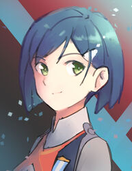  absurdres black_background blue_eyes blue_hair bob_cut closed_mouth commentary confetti darling_in_the_franxx english_commentary female green_eyes grey_shirt hair_ornament hairclip highres ichigo_(darling_in_the_franxx) light_smile looking_back naobhal portrait red_background shirt short_hair solo swept_bangs uniform white_background 