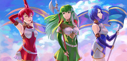  3girls arm_up armor belt blue_eyes blue_hair breastplate catria_(fire_emblem) closed_eyes closed_mouth dress elbow_gloves est_(fire_emblem) fire_emblem fire_emblem_echoes:_shadows_of_valentia flag from_side gloves green_eyes green_hair grin headband highres holding holding_flag long_hair multiple_girls open_mouth palla_(fire_emblem) pegasus_knight_uniform_(fire_emblem) pink_hair polearm short_hair siblings sisters smile spiffydc weapon white_headband 