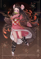  ahoge animal_ear_fluff animal_ears anmaki arm_warmers bit_gag black_coat black_hair border brown_background chinese_zodiac coat colored_tips english_commentary female floating_hair full_body gag hair_ribbon haori highres japanese_clothes jumping kamado_nezuko kemonomimi_mode kimetsu_no_yaiba kimono long_hair long_sleeves looking_at_viewer mixed-language_commentary mouse_ears multicolored_hair obi off_shoulder orange_hair orange_ribbon pinching_sleeves pink_kimono ribbon sash solo tabi two-tone_hair very_long_hair wide_sleeves year_of_the_rat 