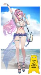  absurdres bad_id bad_pixiv_id bikini breasts cleavage eugle_na feathers female front-tie_bikini_top front-tie_top highres hololive hololive_english long_hair midriff mori_calliope navel ocean pink_eyes pink_hair ponytail sarong side-tie_skirt solo swimsuit virtual_youtuber white_bikini 