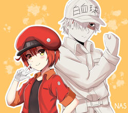  1boy absurdres ae-3803 ahoge arm_at_side artist_name back-to-back badge baseball_cap belt belt_pouch black_eyes black_shirt breast_pocket button_badge cabbie_hat clenched_hand commentary empty_eyes english_commentary expressionless female gloves hair_between_eyes hair_over_one_eye hairband hand_on_own_face hand_on_own_hip hat hataraku_saibou highres jacket looking_at_viewer nassss open_clothes open_jacket pale_skin patch pocket pouch red_blood_cell_(hataraku_saibou) red_hairband red_headwear red_jacket shaded_face shirt standing translated u-1146 upper_body v v-shaped_eyebrows white_belt white_blood_cell_(hataraku_saibou) white_gloves white_hair white_headwear white_shirt yellow_background yellow_eyes 