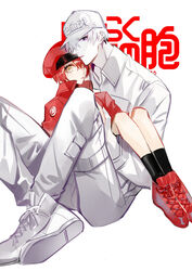  1boy absurdres ae-3803 baseball_cap black_eyes black_legwear blouse blush boots breast_pocket cabbie_hat chinese_commentary closed_mouth commentary copyright_name couple crossed_ankles expressionless female hair_over_one_eye hat hataraku_saibou heads_together highres jacket knees_up looking_at_viewer pants pocket red_blood_cell_(hataraku_saibou) red_footwear red_hair red_headwear red_jacket shirt shoes short_hair sitting sitting_on_lap sitting_on_person size_difference socks straight translated u-1146 white_blood_cell_(hataraku_saibou) white_footwear white_hair white_headwear white_legwear white_shirt yellow_eyes zhenxiao_(ada_6311) 