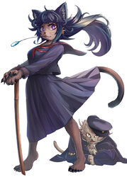  1boy :3 animal_ears barefoot black_hair brown_fur cat_ears cat_tail coat doitsuken female fingernails floating_hair furry furry_female furry_male gakuran hat holding holding_sword holding_weapon lifted_by_tail long_hair long_sleeves looking_at_viewer mouth_hold original pleated_skirt purple_eyes purple_sailor_collar purple_serafuku purple_shirt purple_skirt sailor_collar school_uniform serafuku sharp_fingernails shirt simple_background skirt slit_pupils smile smug solo_focus stalk_in_mouth sword tail weapon whiskers white_background wooden_sword 