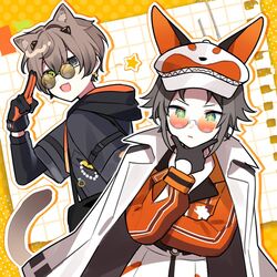  +_+ 2boys :d alban_knox alban_knox_(1st_costume) animal_ear_fluff animal_ears black_gloves black_jacket blue_eyes brown_hair cabbie_hat cat_ears closed_mouth coat coat_on_shoulders commentary_request glasses gloves green_eyes hand_up hat hat_with_ears heterochromia hood hood_down hooded_jacket jacket kemonomimi_mode long_sleeves male_focus multiple_boys mysta_rias mysta_rias_(1st_costume) nijisanji nijisanji_en oerba_yun_fang orange_gloves pants round_eyewear salute smile sunglasses thinking two-finger_salute two-tone_gloves upper_body virtual_youtuber waka_(wk4444) white_coat white_headwear white_pants 