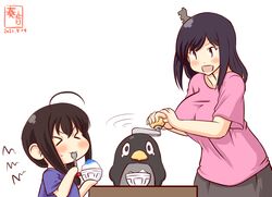  &gt;_&lt; 2021 2girls aged_down ahoge alternate_costume artist_logo bird black_hair blue_shirt braid brain_freeze brown_hair dated food hair_ornament ice_shaver kanon_(kurogane_knights) kantai_collection lolicon multiple_girls one-hour_drawing_challenge open_mouth penguin pink_shirt red_eyes shaved_ice shigure_(kancolle) shirt short_hair short_sleeves simple_background single_braid smile themed_object upper_body white_background yamashiro_(kancolle) 