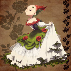  bare_shoulders breasts brown_background cleavage closed_eyes commentary_request dress female floral_background flower full_body medium_breasts multicolored_clothes multicolored_dress original oto puffy_sleeves red_hair rose skirt_hold smile solo strapless strapless_dress 