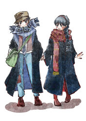  1boy :d absurdres arms_at_sides bag blue_pants blue_scarf boots braid brown_footwear coat cosplay female full_body goggles goggles_around_neck gryffindor hairband harry_potter_(series) hat highres hogwarts_school_uniform holding_hands jewelry long_hair long_sleeves looking_at_another looking_to_the_side maru_(hardrock5150) necklace open_mouth pants pazu pendant ravenclaw red_footwear red_scarf robe scarf school_uniform sheeta shoes shoulder_bag simple_background smile standing stitches striped_clothes striped_scarf tenkuu_no_shiro_laputa white_background wizarding_world 