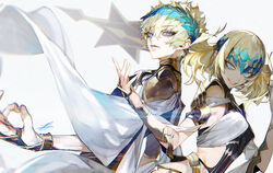  1boy arm_guards armlet armor au_(d_elete) black_shirt blonde_hair blue_eyes bracelet breasts bridal_gauntlets brother_and_sister castor_(fate) chakram closed_mouth collar diadem expressionless fate/grand_order fate_(series) female grin jewelry medium_hair metal_collar pauldrons pollux_(fate) robe shirt short_hair shoulder_armor siblings signature simple_background small_breasts smile twins weapon white_background white_robe 