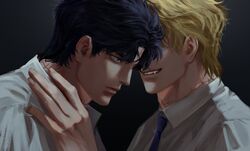  2boys blonde_hair blue_eyes blue_hair blue_necktie closed_mouth dio_brando evil_smile fangs hand_on_another&#039;s_neck highres jojo_no_kimyou_na_bouken jonathan_joestar josukemanura korean_commentary long_sleeves male_focus mole mole_on_ear multiple_boys necktie phantom_blood scar scar_on_neck shirt short_hair smile vampire white_shirt 