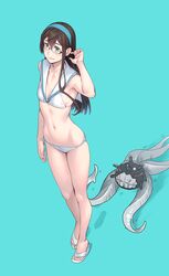  1other aqua_eyes arm_up bare_arms bare_legs bare_shoulders bikini black_hair blue_background blush breasts collarbone commentary cosplay enemy_naval_mine_(kancolle) female flip-flops full_body glasses hair_between_eyes hairband highres kantai_collection long_hair looking_at_viewer lowleg lowleg_bikini navel ooyodo_(kancolle) sailor_bikini sailor_collar sandals semi-rimless_eyewear side-tie_bikini_bottom simple_background skindentation small_breasts smile standing string_bikini swimsuit tentacle under-rim_eyewear white_bikini yuuji_(and) z3_max_schultz_(kancolle) z3_max_schultz_(kancolle)_(cosplay) z3_max_schultz_(swimsuit_mode)_(kancolle) 