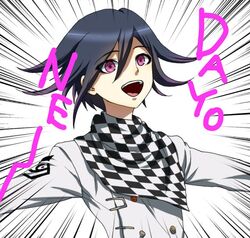  1boy :d black_hair buttons checkered_clothes checkered_scarf danganronpa_(series) danganronpa_v3:_killing_harmony dosugon double-breasted grey_jacket hair_between_eyes jacket long_sleeves male_focus oma_kokichi pink_eyes scarf short_hair smile solo teeth upper_body upper_teeth_only 