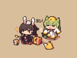  2girls akashi_(azur_lane) animal_ears azur_lane bird black_hair black_kimono blush cat_ears chick closed_mouth commentary diagonal_bangs dot_mouth eyes_visible_through_hair fake_animal_ears fraud green_hair grey_background hair_between_eyes hair_ornament hair_over_one_eye hat holding holding_paintbrush ino_futon japanese_clothes kimono long_hair long_sleeves manjuu_(azur_lane) multiple_girls on_head open_mouth paint_can paintbrush painting_(action) pixel_art rabbit_ears red_eyes shiranui_(azur_lane) simple_background sleeves_past_fingers sleeves_past_wrists tech_box_(azur_lane) translated very_long_hair yellow_headwear 