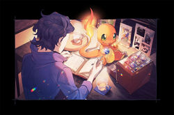  1boy augustine_sycamore black_border black_hair book border charmander collared_shirt commentary_request cup fire flame-tipped_tail glint holding holding_book indoors kusuribe male_focus outside_border photo_(object) pokemon pokemon_(creature) pokemon_xy popped_collar purple_shirt reading shirt signature sitting steam table teacup tray 