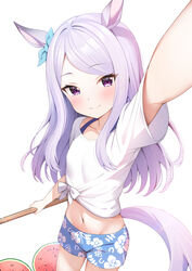  absurdres alternate_costume animal_ears aqua_bow blue_bow blue_shorts bow closed_mouth commentary_request cowboy_shot ear_bow female floral_print food fruit gaze_on_me!_outfit_(umamusume) highres horse_ears horse_girl horse_tail long_hair looking_at_viewer md5_mismatch mejiro_mcqueen_(umamusume) midriff navel print_shorts purple_eyes purple_hair rei_(ilust9999) selfie shirt short_sleeves shorts simple_background smile solo tail tied_shirt umamusume watermelon white_background white_shirt 