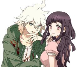  1boy :d black_hair breasts closed_mouth danganronpa_(series) danganronpa_2:_goodbye_despair dosugon female green_jacket grey_background hair_between_eyes hood hood_down jacket komaeda_nagito large_breasts long_hair looking_at_viewer mole mole_under_eye open_clothes open_jacket pink_eyes pink_shirt print_shirt puffy_short_sleeves puffy_sleeves shirt short_sleeves simple_background smile tongue tsumiki_mikan white_shirt 