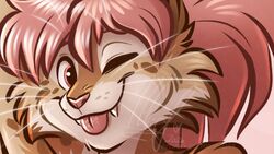  16:9 anthro avery_(roanoak) countershade_face countershading cropped digital_media_(artwork) felid feline felis femboy hair male mammal nicnak044 one_eye_closed pink_hair preview shaded solo tongue tongue_out whiskers white_body white_countershading widescreen wink 