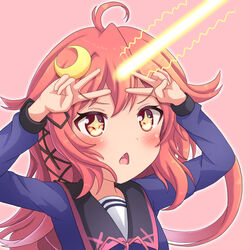  +_+ ahoge arms_up black_ribbon black_sailor_collar blue_shirt blush chestnut_mouth commentary_request crescent crescent_hair_ornament double_v female forehead_beam hair_ornament hair_ribbon kantai_collection long_hair long_sleeves looking_away neck_ribbon oerba_yun_fang open_mouth outline pink_background pink_ribbon red_eyes red_hair ribbon sailor_collar school_uniform serafuku shirt sills solo upper_body uzuki_(kancolle) v white_outline 