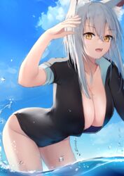  absurdres animal_ear_fluff animal_ears arknights bent_over blue_sky bodysuit breasts cleavage commentary cowboy_shot day diving_suit female grey_hair hair_between_eyes highres kotoha_(kotoha65) large_breasts long_hair looking_at_viewer no_tail oerba_yun_fang open_mouth open_wetsuit outdoors projekt_red_(arknights) short_sleeves sidelocks skin_fang sky solo wading water wetsuit wolf_ears wolf_girl yellow_eyes 