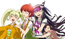  4girls apron asymmetrical_legwear black_hair blue_hair closed_eyes danganronpa_(series) danganronpa_2:_goodbye_despair dosugon dress facing_viewer freckles green_dress hair_horns koizumi_mahiru long_hair long_sleeves mioda_ibuki mismatched_legwear multicolored_hair multiple_girls necktie obi pink_eyes pink_hair pink_shirt plaid_necktie red_hair saionji_hiyoko sash school_uniform serafuku shirt short_hair short_sleeves smile tearing_up teeth tsumiki_mikan upper_body upper_teeth_only white_hair white_shirt wide_sleeves 