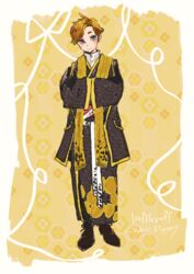  1boy absurdres alternate_costume black_eyes blush_stickers boots border brown_footwear brown_hair cedric_diggory character_name closed_mouth collared_shirt contemporary full_body hands_in_opposite_sleeves harry_potter_(series) highres hufflepuff jacket japanese_clothes long_sleeves looking_at_viewer male_focus maru_(hardrock5150) sash scarf shirt short_hair smile solo standing straight-on swept_bangs wizarding_world yellow_background yellow_scarf 