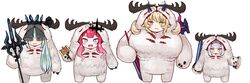  4girls baobhan_sith_(fate) barghest_(fate) black_veil blue_eyes breasts cernunnos_(fate) cernunnos_(fate)_(cosplay) cosplay crown discat fate/grand_order fate_(series) green_eyes hammer heterochromia highres horns huge_breasts looking_at_viewer melusine_(fate) morgan_le_fay_(fate) multiple_girls pink_hair platinum_blonde_hair red_eyes sidelocks tall_female veil white_hair yellow_eyes 