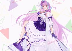  blue_hair bow breasts cropped_shirt detached_sleeves feather_hair_ornament feathers female floating_hair flower gloves hair_flower hair_ornament halter_shirt halterneck hand_on_own_chest heart high-waist_skirt high_heels highres kabu_(kaopako_) long_hair looking_at_viewer macross macross_delta medium_breasts mikumo_guynemer multicolored_hair purple_bow purple_eyes purple_flower purple_footwear purple_gloves purple_hair purple_nails single_glove sitting skirt smile solo streaked_hair twitter_username very_long_hair white_skirt 