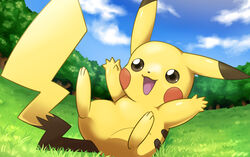  :d arms_up black_eyes blue_sky cloud cloudy_sky commentary_request day full_body grass hakuginnosora happy no_humans open_mouth outdoors pikachu pokemon pokemon_(creature) sitting sky smile solo tree 