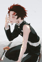  1boy belt black_hair blood broken broken_sword broken_weapon commentary demon demon_slayer_uniform kamado_tanjirou katana kimetsu_no_yaiba male_focus multicolored_hair open_mouth photoshop_(medium) red_hair scar scar_on_face scar_on_forehead shirt slit_pupils solo spoilers sword torn_clothes torn_shirt veins wanke weapon 