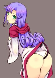  anal_tail ass blush clothes_lift curly_hair dragon_quest dragon_quest_ii dress dress_lift fake_tail female highres katori_(mocchidou) long_hair long_sleeves looking_at_viewer panties princess_of_moonbrook purple_hair robe robe_lift simple_background solo tail underwear 