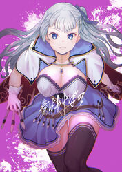  blue_eyes blunt_bangs breasts cape commentary_request female grey_hair highres kira_temari magia_record:_mahou_shoujo_madoka_magica_gaiden magical_girl mahou_shoujo_madoka_magica nanakamado paint_splatter paintbrush pink_background ribbon solo thighhighs 