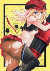  absurdres alisa_ilinichina_amiella bare_shoulders black_footwear blonde_hair blue_eyes boots breasts commentary_request female god_eater hat highres holding lips long_hair looking_at_viewer medium_breasts midriff miniskirt pantyhose red_skirt rozarin shiny_skin simple_background skirt solo suspender_skirt suspenders thigh_boots thighhighs torn_clothes torn_pantyhose traditional_media weapon 