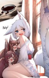  &gt;_&lt; 4girls =_= @_@ absurdres age_difference akagi-chan_(azur_lane) amagi-chan_(azur_lane) animal_ear_fluff animal_ears arms_up aunt_and_niece azur_lane bare_legs bare_shoulders basin bell black_kimono blue_eyes breasts brown_hair brown_tail calligraphy_brush closed_eyes commentary detached_collar english_text facepaint fox_ears fox_girl hair_ornament hands_on_another&#039;s_thigh highres ink inset japanese_clothes kaga_(azur_lane) kimono kneeling large_breasts long_hair looking_at_another multiple_girls obi off_shoulder open_mouth out_of_frame paintbrush print_kimono purple_shirt red_kimono samip sash shirt short_hair smile spill standing tail teeth tosa_(azur_lane) trembling underwear upper_teeth_only white_hair white_kimono white_tail 