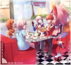  1boy 4girls abs ahoge american_flag american_flag_bikini american_flag_print animal_ear_fluff animal_ears animal_hands artistic_error ass asymmetrical_hair bell bikini blue_eyes breasts bun_cover cat_paws cellphone cleavage collar commentary_request cup danbara1207 diner disposable_cup dress elbow_gloves emiya_shirou fast_food fate/grand_order fate_(series) fingerless_gloves flag_print food fox_ears fox_girl fox_tail fujimaru_ritsuka_(female) fujimaru_ritsuka_(female)_(tropical_summer) glasses gloves hair_bun hair_ornament hair_over_one_eye hair_ribbon hair_scrunchie hood hoodie jingle_bell large_breasts long_hair mash_kyrielight midriff miyamoto_musashi_(fate) miyamoto_musashi_(swimsuit_berserker)_(fate) miyamoto_musashi_(swimsuit_berserker)_(second_ascension)_(fate) multicolored_clothes multicolored_swimsuit multiple_girls navel official_alternate_costume open_mouth orange_hair paw_gloves phone pink_hair ponytail print_bikini purple_hair red_ribbon ribbon roller_skates scrunchie senji_muramasa_(fate) short_hair short_sleeves side_ponytail single_elbow_glove single_hair_bun single_hair_intake skates smartphone striped_clothes striped_dress sunglasses swimsuit tail tamamo_(fate) tamamo_cat_(fate) tamamo_cat_(lostroom_outfit)_(fate) thighhighs topless_male yellow_eyes yellow_scrunchie 