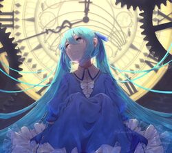  aqua_hair astronomical_clock backlighting blue_dress blue_eyes chaban_capriccio_(vocaloid) clock clock_tower clockwork dress evillious_nendaiki eyelashes female frilled_dress frilled_sleeves frills gears hatsune_miku heartbeat_clocktower_(vocaloid) highres houtei_no_nushi inner_workings juliet_sleeves kureihii long_hair long_sleeves looking_away looking_up master_of_the_court_(vocaloid) pale_skin puffy_sleeves roman_numeral sitting tower twintails very_long_hair victorian vocaloid zodiac 