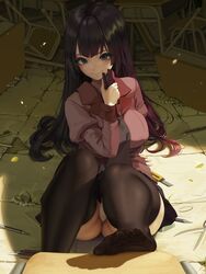  black_thighhighs boxcutter breasts chair desk feet female foot_out_of_frame hair_spread_out large_breasts letdie1414 long_hair monogatari_(series) naoetsu_high_school_uniform no_shoes panties pantyshot pen purple_hair realistic school_chair school_desk school_uniform scissors senjougahara_hitagi shadow sitting skirt smile solo stapler thighhighs thighs toes underwear white_panties 