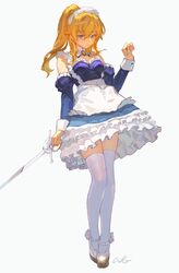  absurdres alternate_costume apron blonde_hair blue_dress blue_eyes blue_sleeves breasts chinese_commentary cleavage closed_mouth collar commentary_request detached_collar detached_sleeves dress enmaided female frills full_body genshin_impact hand_up highres holding holding_sword holding_weapon jean_(genshin_impact) long_hair looking_at_viewer maid maid_headdress petticoat ponytail rui_(gsr1982) signature simple_background solo strapless strapless_dress sword thighhighs weapon white_apron white_background white_collar white_footwear white_thighhighs wrist_cuffs 