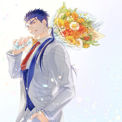  1boy absurdres alternate_costume baby&#039;s-breath blue_hair bouquet bud cu_chulainn_(fate) cu_chulainn_(fate/stay_night) daro_maru earrings fate/stay_night fate_(series) flower formal gerbera grin hair_over_shoulder hair_strand hand_in_pocket highres holding holding_bouquet jewelry lapels long_hair looking_at_viewer making-of_available male_focus necktie orange_flower orange_rose over_shoulder ponytail red_eyes red_necktie rose shawl_lapels silver_earrings smile solo suit upper_body white_background white_flower white_suit yellow_flower 