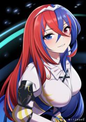  absurdres alear_(female)_(fire_emblem) alear_(fire_emblem) blue_eyes blue_hair breasts circlet female fire_emblem fire_emblem_engage headpiece heterochromia highres large_breasts long_hair multicolored_hair namu_(112namu) red_eyes red_hair smile solo very_long_hair 