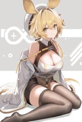  absurdres animal_ears arknights bare_shoulders black_shorts black_thighhighs blonde_hair breasts cleavage coat dorothy_(arknights) female hair_between_eyes hat highres large_breasts long_hair mouse_ears mouse_girl mouse_tail off_shoulder open_clothes open_coat rhine_lab_logo shirt shorts sitting sleeveless sleeveless_shirt solo tail thighhighs thighs wariza white_coat white_hat white_shirt yellow_eyes yki 