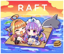  2girls afloat ahoge anchor_symbol aqua_hair asymmetrical_legwear bad_id bad_twitter_id barrel biting black_jacket black_thighhighs blonde_hair blue_bow blue_bowtie blue_dress blunt_bangs blush bow bowtie braid brooch chibi closed_eyes closed_mouth cloud cloudy_sky collared_shirt commentary copyright_name day diagonal-striped_bow diagonal_stripes dragon_horns dress drill_hair full_body hairband hairbow hololive horn_bow horn_ornament horns hugging_own_legs jacket jewelry kiryu_coco kiryu_coco_(1st_costume) legs_together light_smile long_hair looking_at_another maid_headdress minato_aqua minato_aqua_(1st_costume) miniskirt multicolored_hair multiple_girls namu76 ocean oerba_yun_fang open_mouth orange_hair outdoors pleated_skirt pointy_ears purple_hair raft raft_(game) red_skirt red_sky romaji_text shark shirt side_braid single_thighhigh sitting skirt sky smile streaked_hair striped striped_bow thigh_strap thighhighs thighs twin_drills twintails two-tone_hair uneven_legwear virtual_youtuber white_shirt 