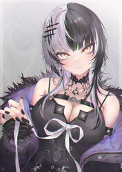  a9_(repainter) absurdres black_choker black_coat black_dress black_hair black_nails blush breasts chest_belt choker cleavage coat commentary dress female fur-trimmed_coat fur_trim grey_hair highres hololive hololive_english jewelry lace-trimmed_choker lace_trim large_breasts looking_at_viewer medium_hair multicolored_hair nail_polish ribbon ring shiori_novella shiori_novella_(1st_costume) smile solo split-color_hair symbol-only_commentary virtual_youtuber white_ribbon yellow_eyes 