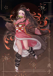  ahoge anmaki arm_warmers bit_gag black_coat black_hair border brown_background coat colored_tips english_commentary female floating_hair full_body gag hair_ribbon haori highres japanese_clothes jumping kamado_nezuko kimetsu_no_yaiba kimono long_hair long_sleeves looking_at_viewer mixed-language_commentary multicolored_hair obi off_shoulder orange_hair orange_ribbon pinching_sleeves pink_kimono purple_eyes ribbon sash solo tabi two-tone_hair very_long_hair wide_sleeves 